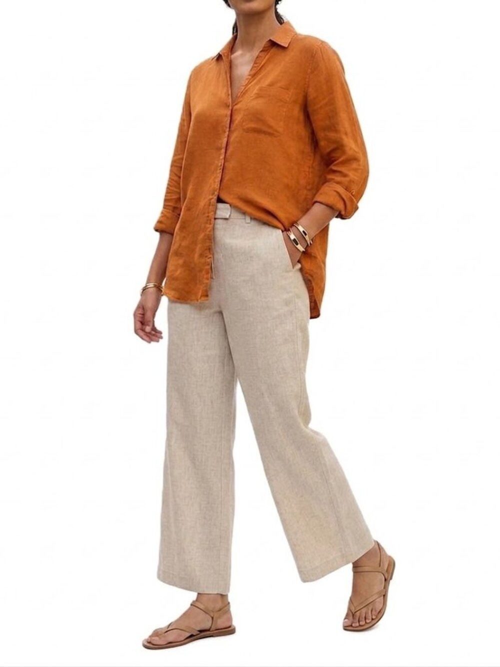 SIGRID OLSEN 100% Linen Button Down Shirt Large Burnt Orange Roll Tab Sleeve EUC